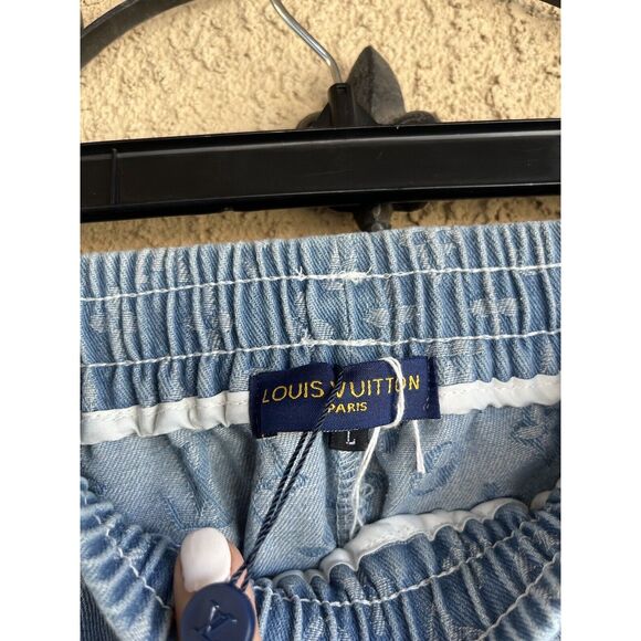 Faux Louis Vuitton Monogram Embroidered Men Denim Shorts - M/L - Light Wash Blue - Picture 6 of 7